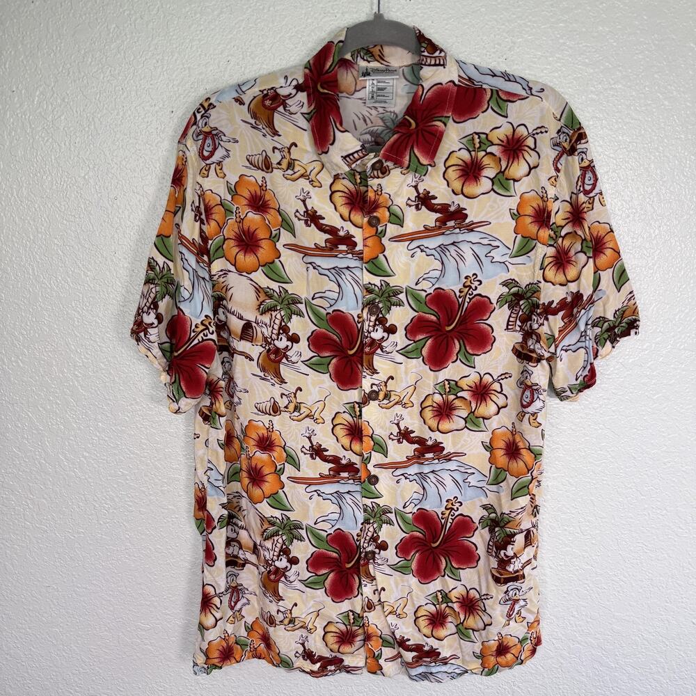Disney Parks Shirt Mens Medium Hawaiian Aloha Mickey Donald Goofy Pluto Tropical